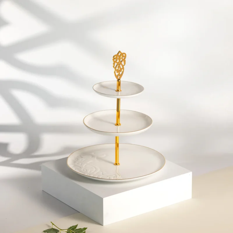 Bandeja De Servir Em Camadas De Aço Inox - Branco e Dourado